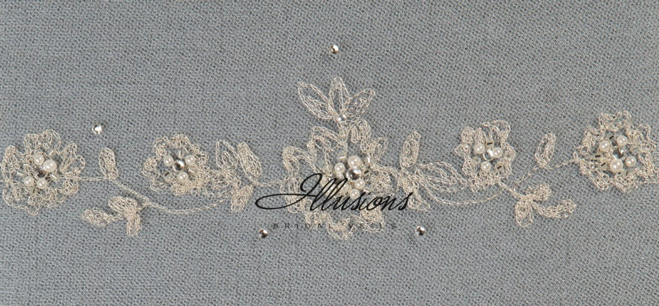 Illusions Bridal Veils Style V-7053 - 90" Chapel Silver appliques with rhinestone and pearl accents