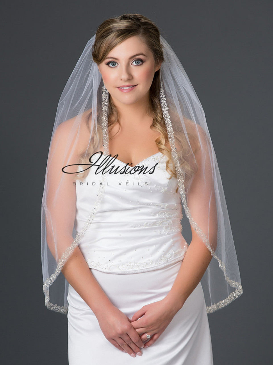 Illusions Bridal Veils Style V-7050 - Silver metallic with rhinestone, bugle bead and pearl accents