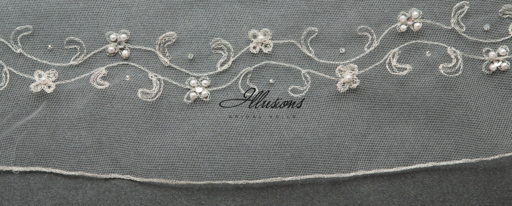 Illusions Bridal Veils Style V-7028 - 2 Tier edge is silver metallic floral detail with rhinestones and bugle beads along edge