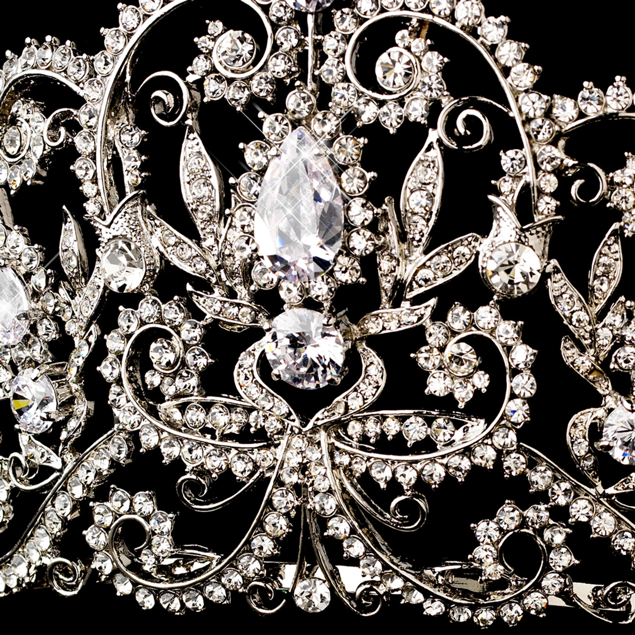 Antique Silver Clear Rhinestone & Center CZ Crystal Royal Princess Tiara Headpiece 394