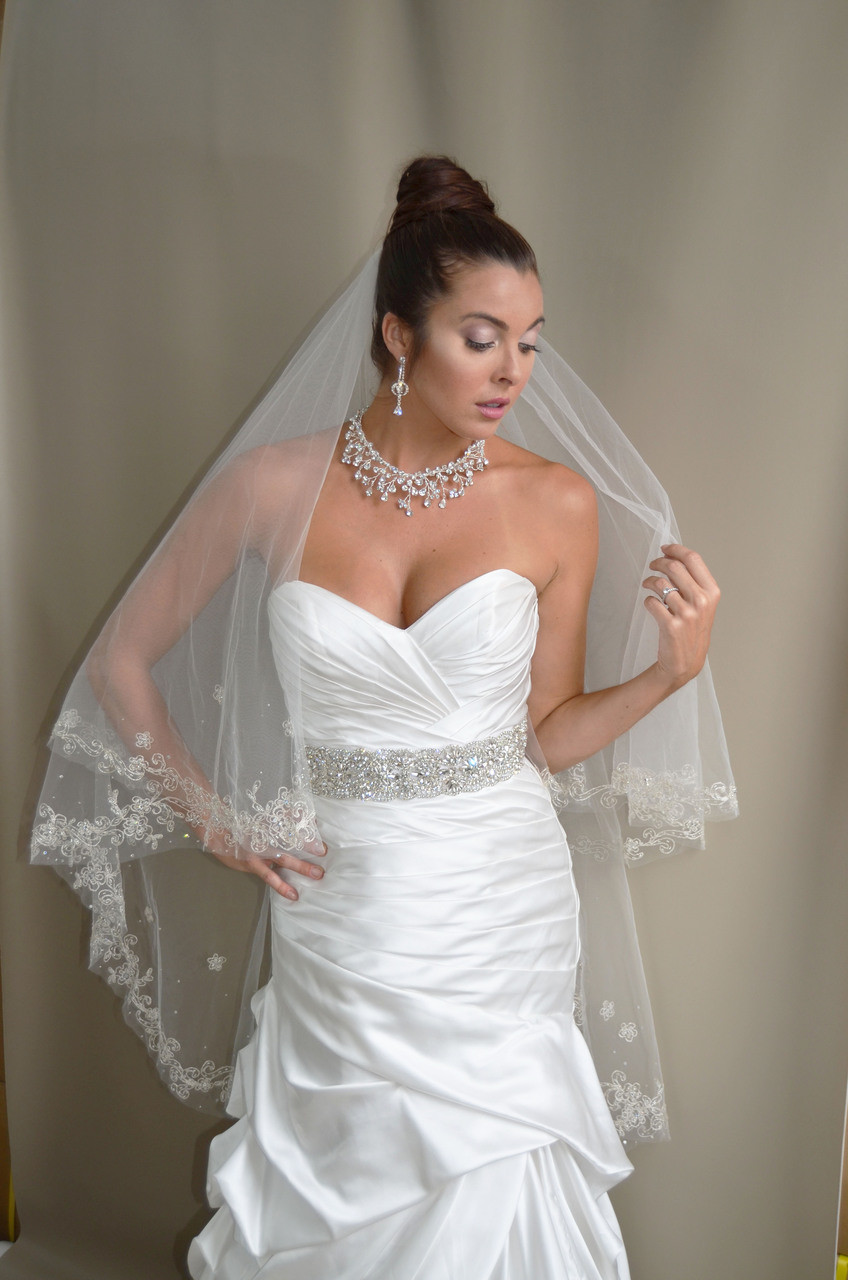 Elena Designs Wedding Veil Style E1189S - Embroidered edge veil with pearls - 35"/45" X 72"