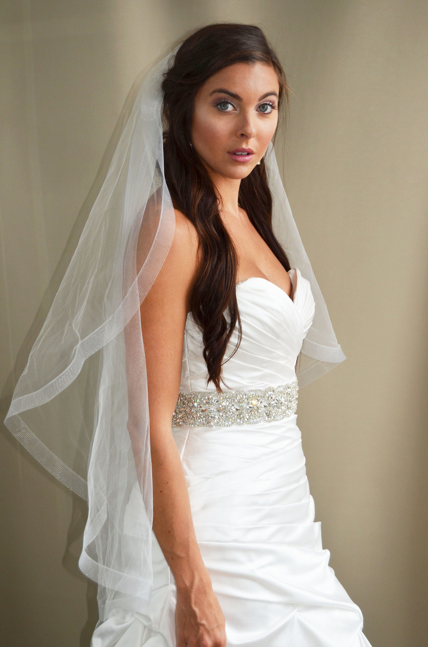 Elena Designs Wedding Veil Style E1193S - Horsehair Embroidered edge veil  with pearls - 38 X 60″