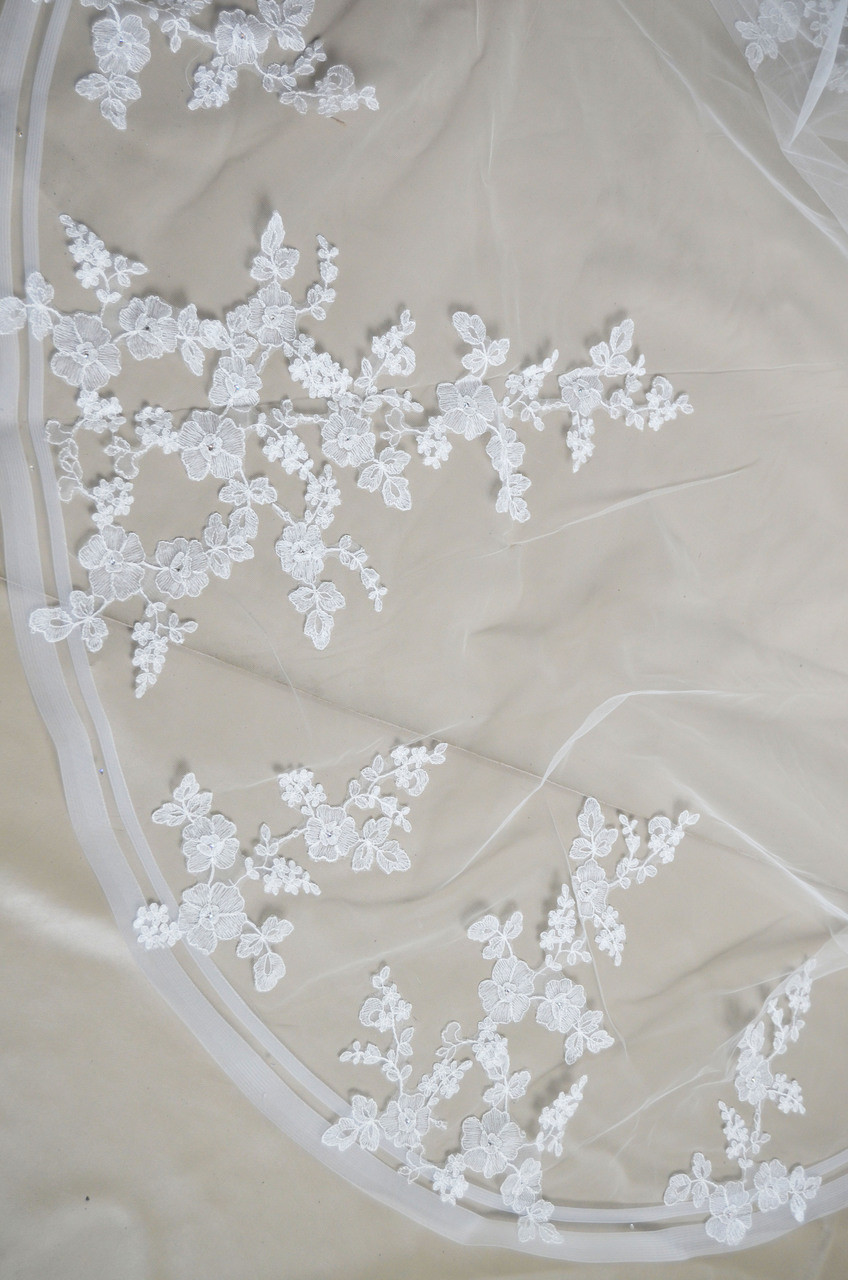 Elena Designs Wedding Veil Style E1193S - Horsehair Embroidered edge veil with pearls - 38" X 60″