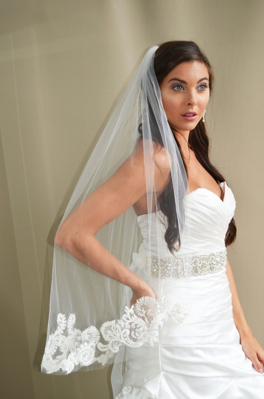 Elena Designs Wedding Veil Style E1196S - Lace Embroidered edge veil with pearls - 40" X 60″