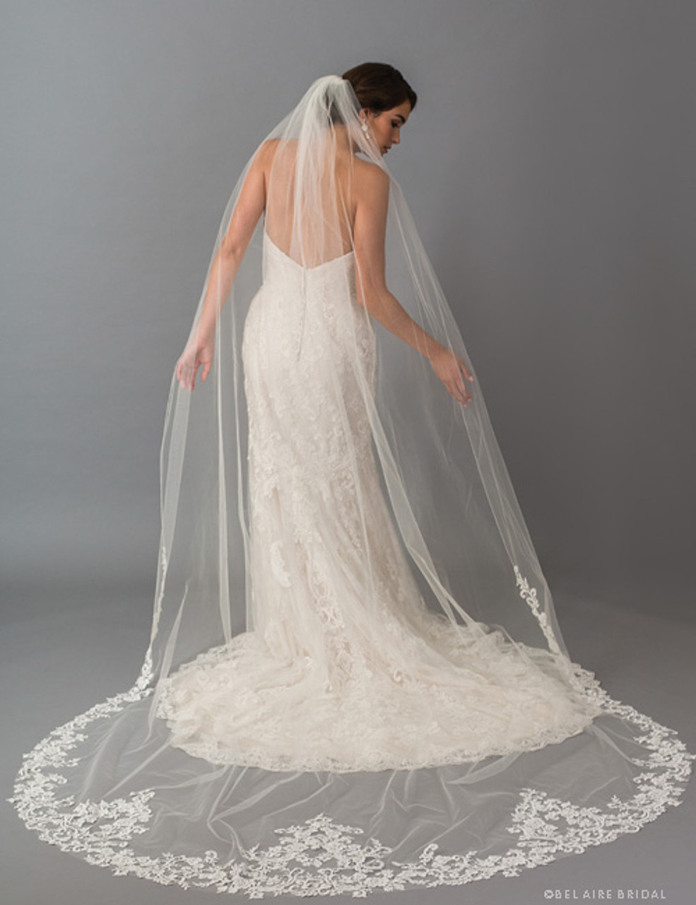 Bel Aire Bridal Veils V7414C - 1-tier cathedral veil with rolled edge and dramatic Venise lace points
