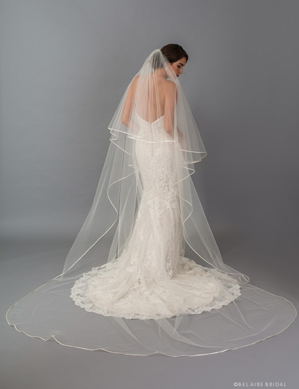 Bel Aire Bridal Veils V7415C - 2-tier foldover veil (elbow + cathedral)  with folded ribbon edge.