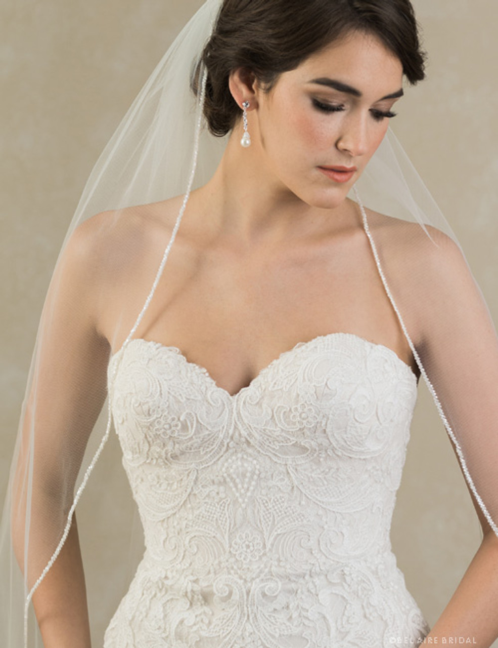 Bel Aire Bridal Veils V7383 -  1-tier fingertip veil with frosted bead edge