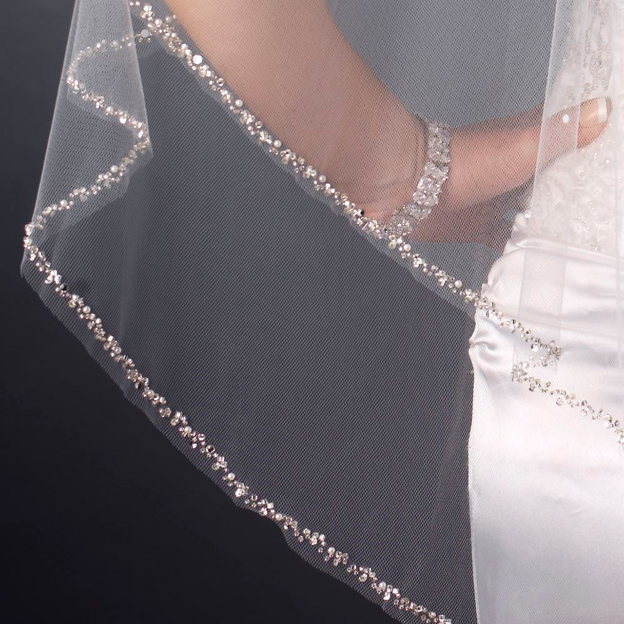 Double Layer Fingertip Length Cut Edge with Pearls, Bugle Beads & Sequins Veil 2496