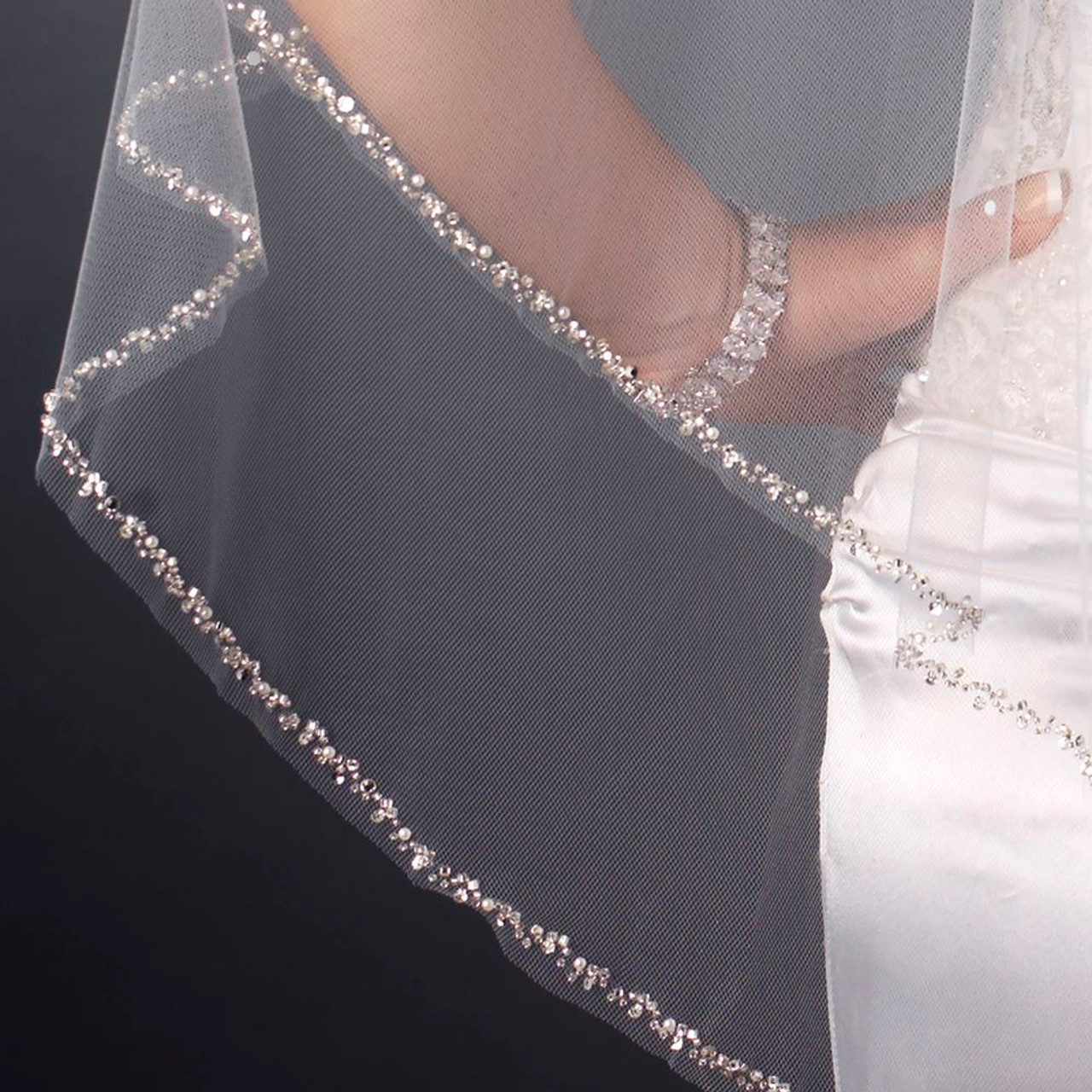 36 inches - Mariells Rhinestone Edge Fingertip Wedding Veil with Pearls,  Beads & Crystals - Ivory 3327V-I