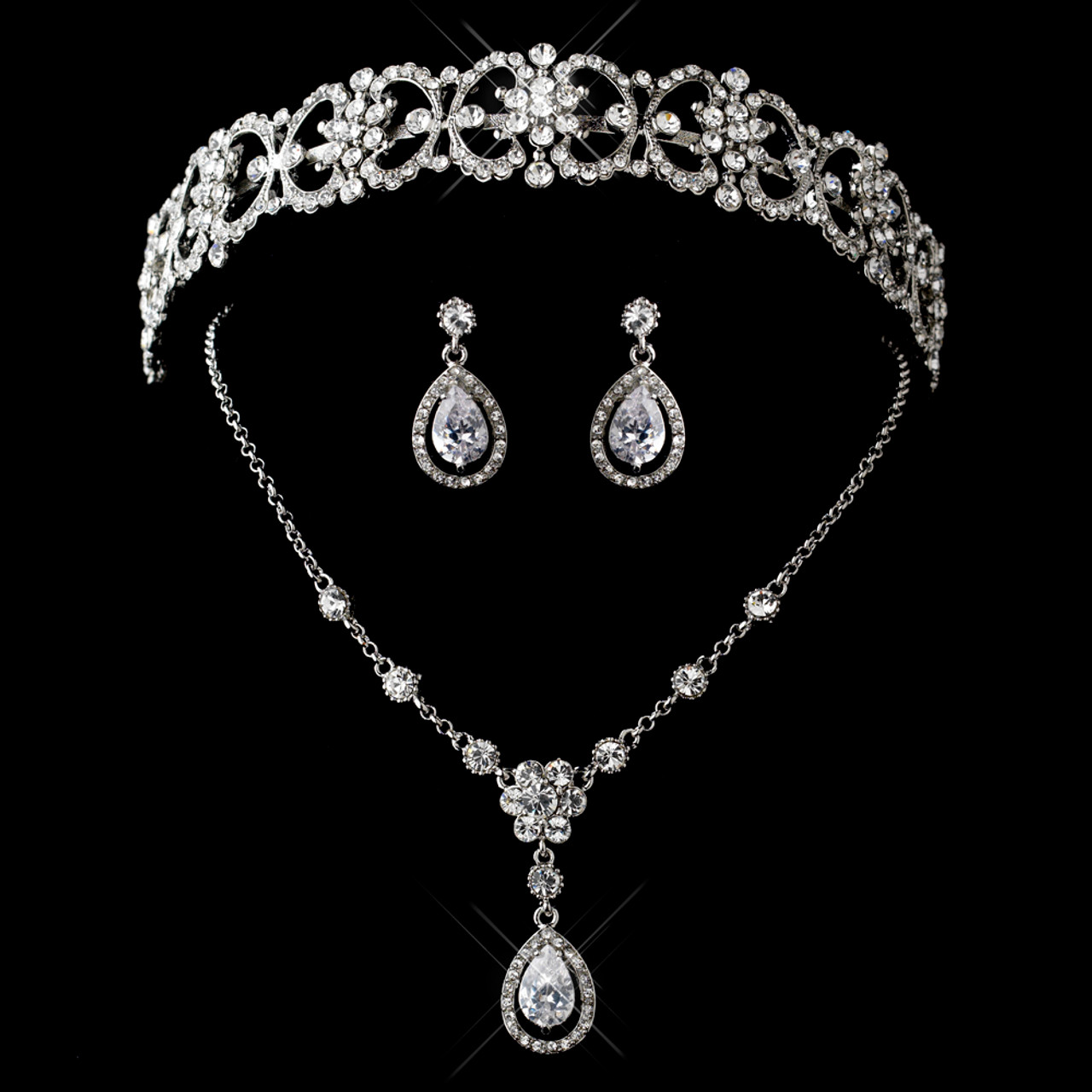 Antique Silver Clear CZ Crystal & Rhinestone Tiara Headpiece 9986 & Jewelry Set 8010
