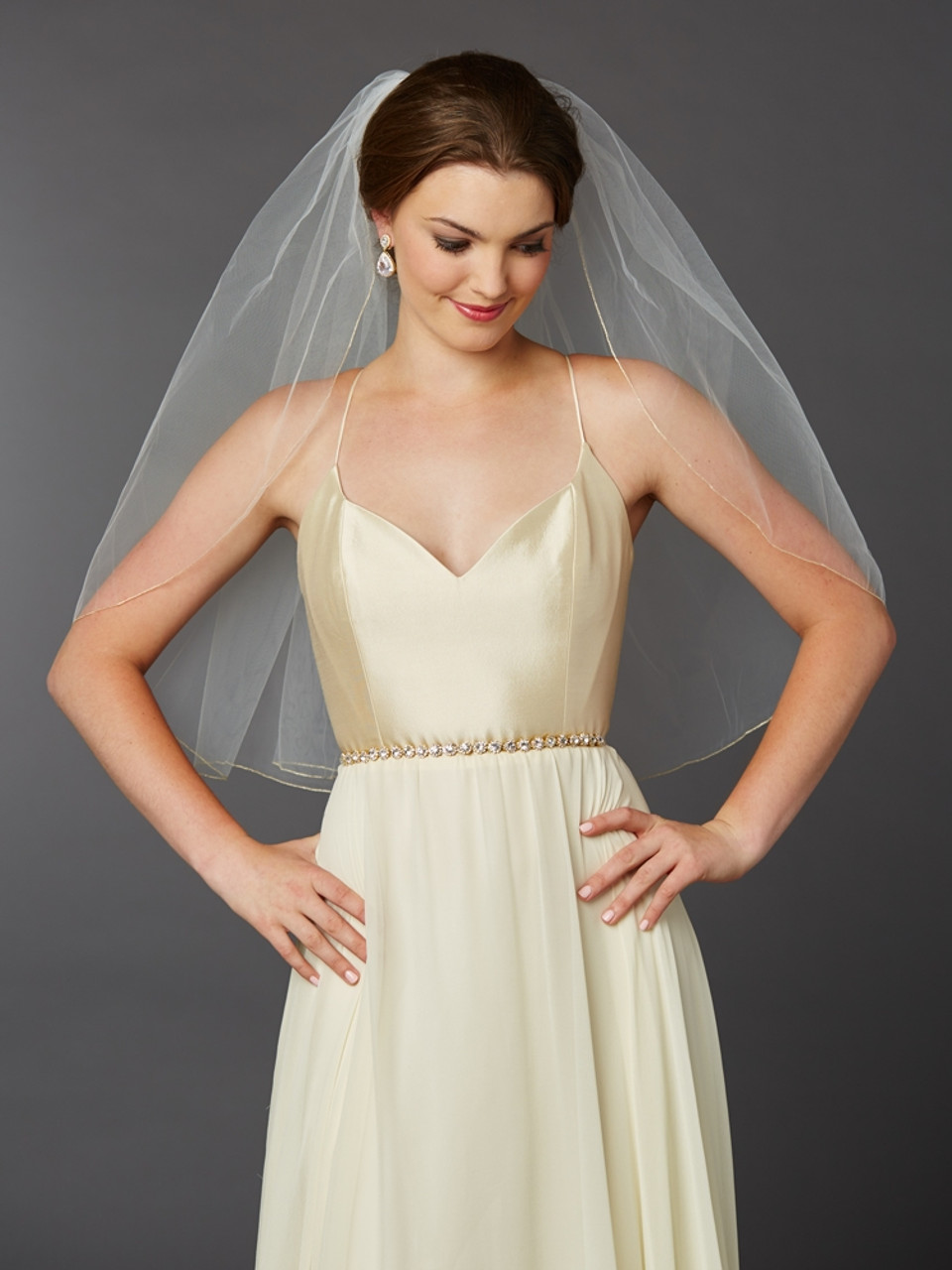 Mariell Gold Pencil Edge Classic Waist or Elbow Single Layer Wedding Veil 4434V-30-I-G