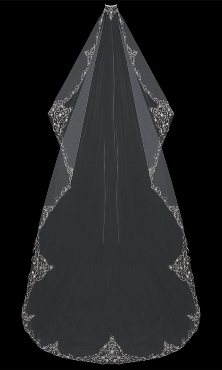 En Vogue Bridal Style V704C-M - English tulle mantilla cut veil with embroidered and beaded edge - Cathedral