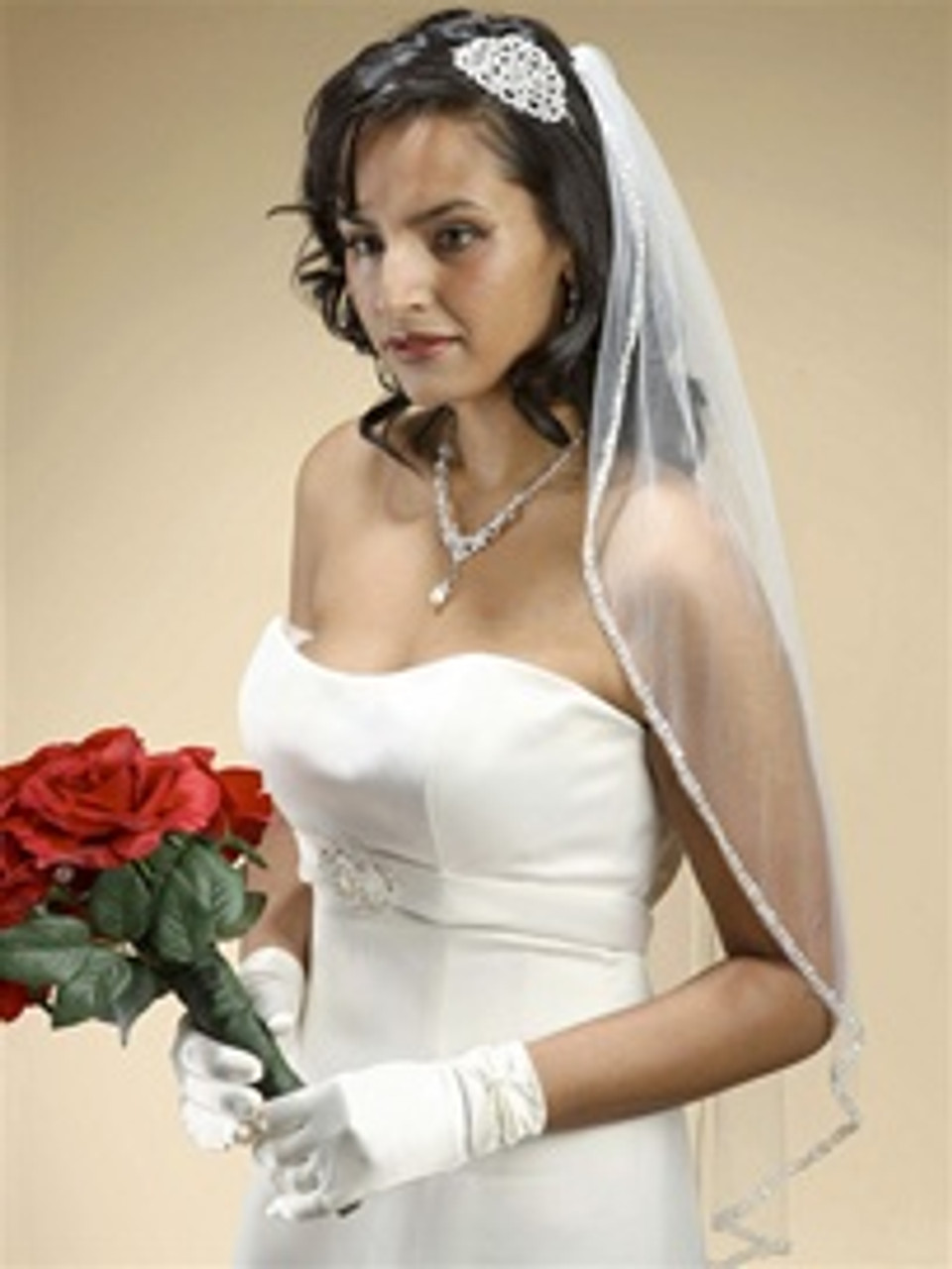 36 inches - Mariells Rhinestone Edge Fingertip Wedding Veil with Pearls,  Beads & Crystals - Ivory 3327V-I