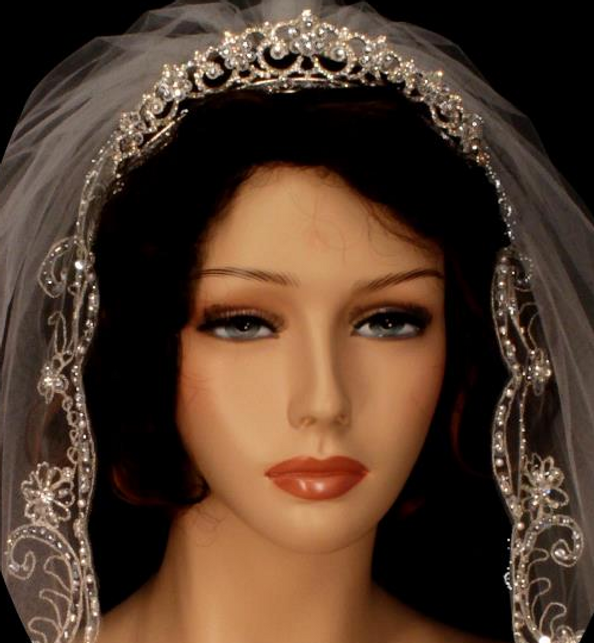 128" to 144" Length Available - Silver Embroidered Floral Cathedral Veil VL3030RRX - Bugles, Rhinestones, Sequins,Pearls