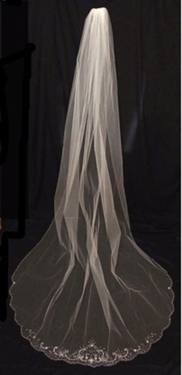 Scallop Cathedral Veil with Beads, Bugles and Sequins - 108x72 - Style 3128C