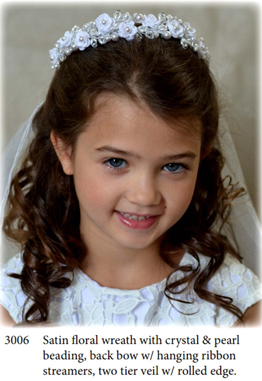 First Communion Veil, Floral & Rhinestone, 2-Tiered, Corded Veil