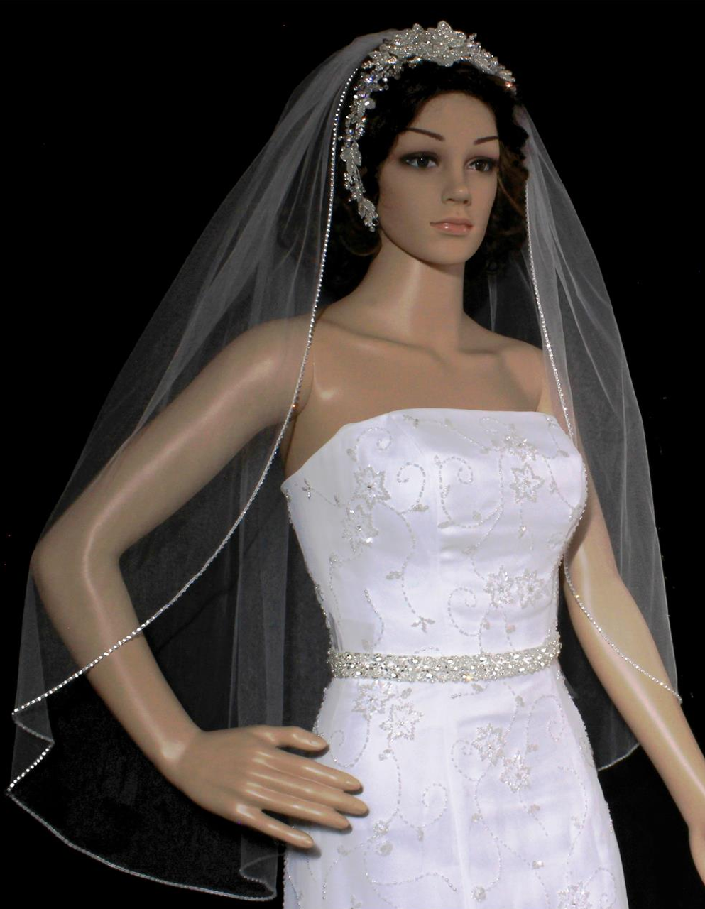 36 inches - Mariells Rhinestone Edge Fingertip Wedding Veil with Pearls,  Beads & Crystals - Ivory 3327V-I