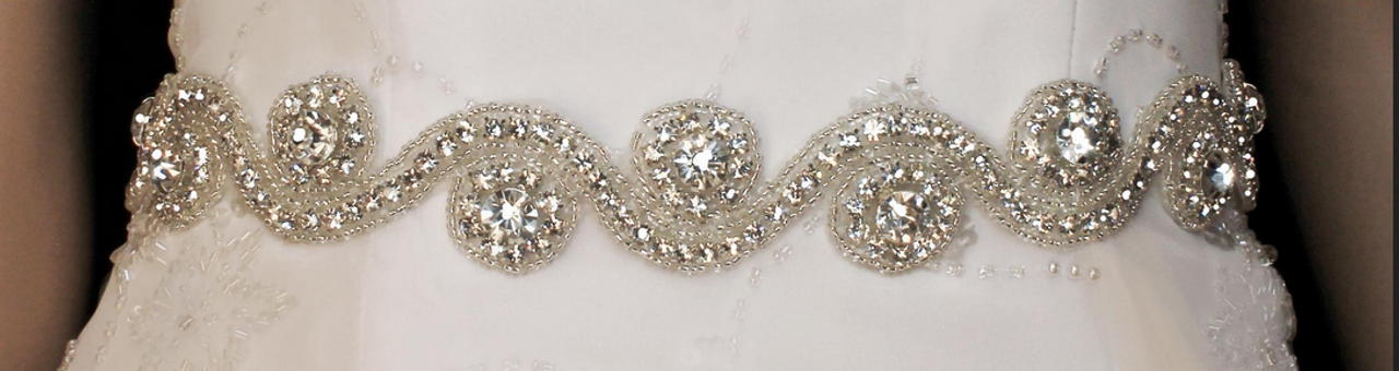 Noelle & Ava Collection - Wave pattern sash belt of rhinestone rings with large rhinestone center and shiny bugle bugle beads outlines - 30