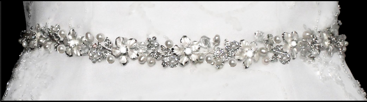 Noelle & Ava Collection - Charming trendy floral soft sash belt of hand-wired fresh water pearls, crystals,Rhinestone encrusted leaves, flowers - 23
