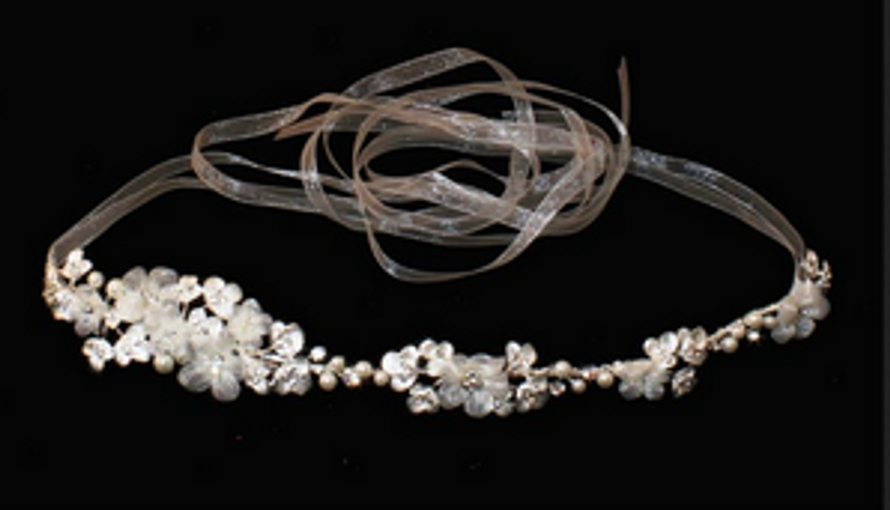 Noelle & Ava Collection - Original artistic chiffon bubble flowers and metallic pansies with floating pearl and rhineseone accents with double  - 59