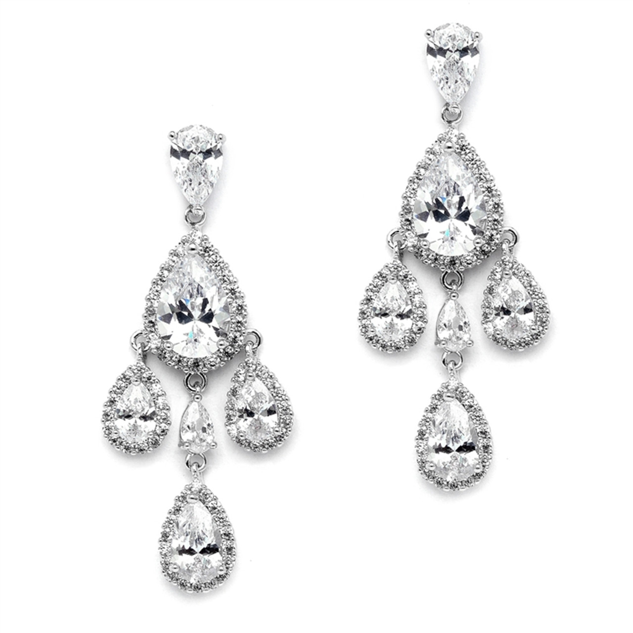 Mariell Petite Cubic Zirconium Chandelier Earrings with Platinum Rhodium Plated Pearl -Shaped Halo Teardrops 4555E-S
