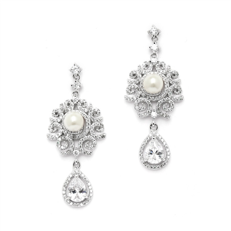 Mariell Luxurious Micro Pave CZ Wedding Earrings with Scrolls and Ivory Pearls 4506E-I-S