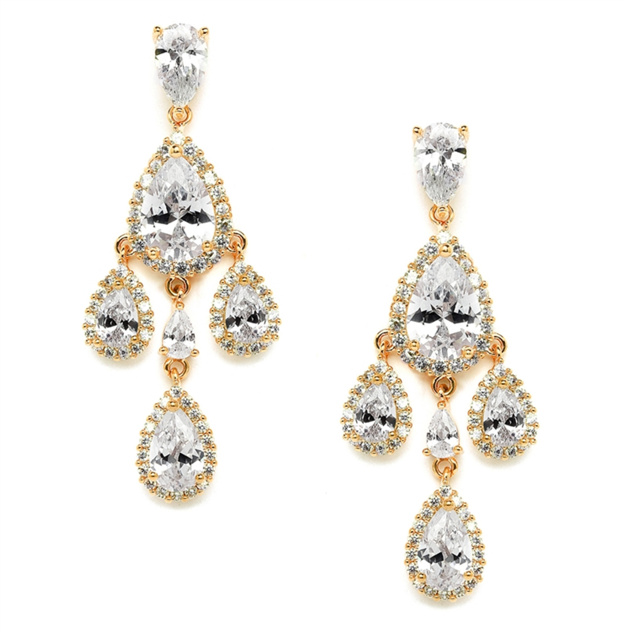 Mariell Petite Gold Cubic Zirconia Chandelier Earrings with Pear-Shaped  Halo Teardrops 4555E-G