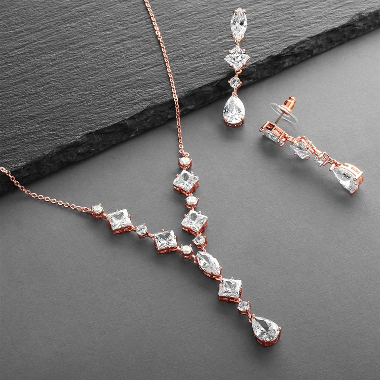 Mariell Glamorous Rose Gold Mixed Cubic Zirconia Wedding Necklace & Earrings Set 3564S-RG
