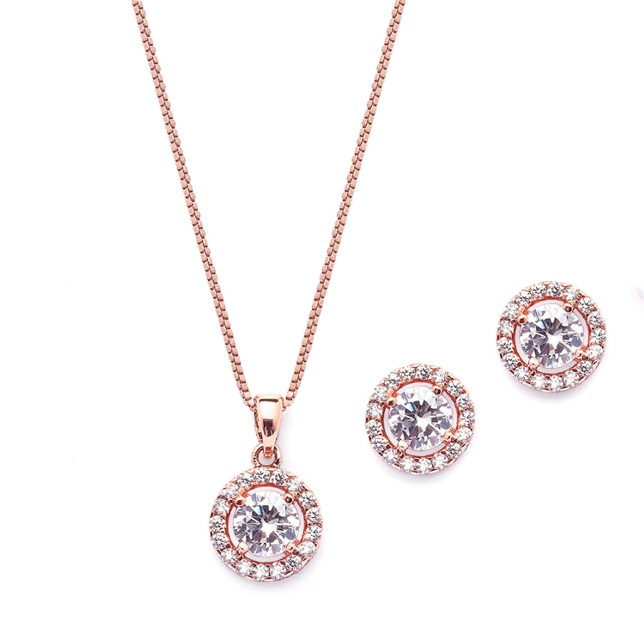 Mariell Gleaming Round Halo Cubic Zirconia Rose Gold Necklace and Stud  Earrings Set 4552S-RG