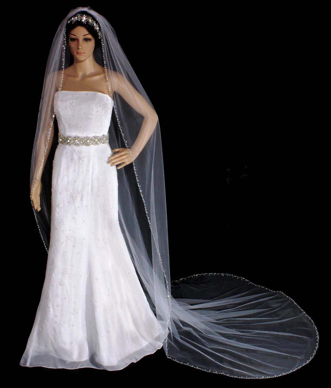 36 inches - Mariells Rhinestone Edge Fingertip Wedding Veil with Pearls,  Beads & Crystals - Ivory 3327V-I