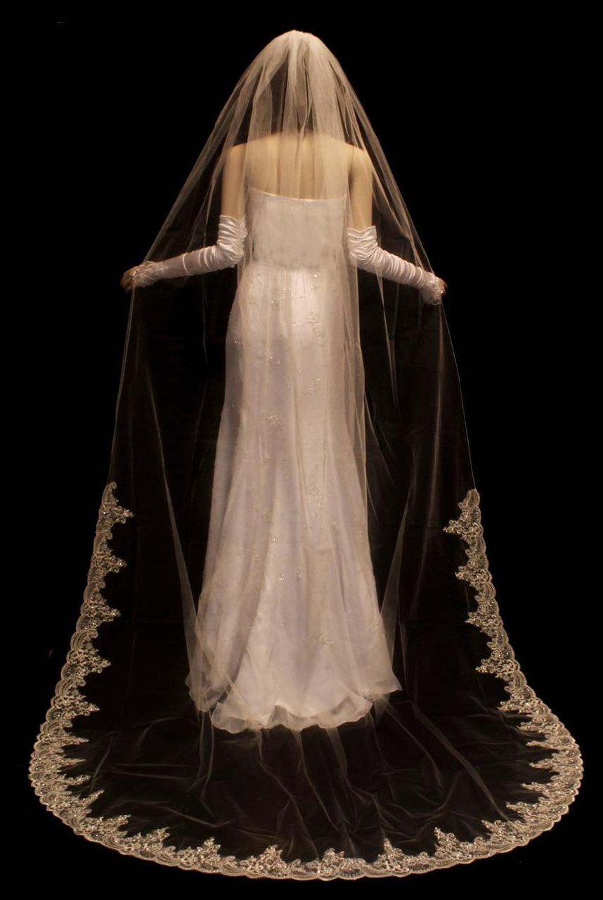 Noelle & Ava Collection -  108 Inches - Romantic Silver Thread Alencon Lace Cathedral Veil Accented With Rhinestones, Bugle Beads, Seeds And Sequins Accents - Beads and Sequins