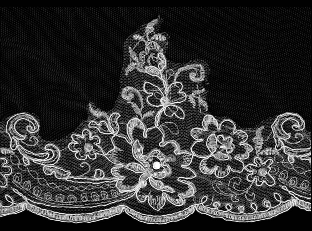 Noelle & Ava Collection -  108 Inches - Romantic Silver Thread Alencon Lace Cathedral Veil Accented With Rhinestones, Bugle Beads, Seeds And Sequins Accents - Beads and Sequins