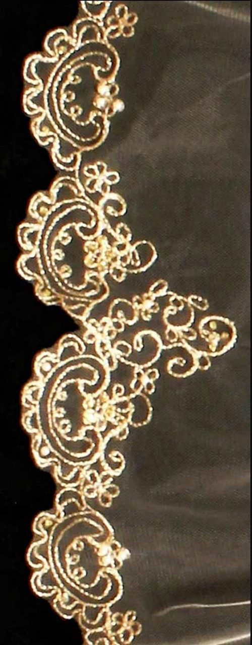 Noelle & Ava Collection -  108 Inches - Tasteful French Royal Style Silver Or Gold Thread Embroiders Design Accented With Swarovski Rhinestones, Pearls And Shiny Seed Beads - Gold Cathedral