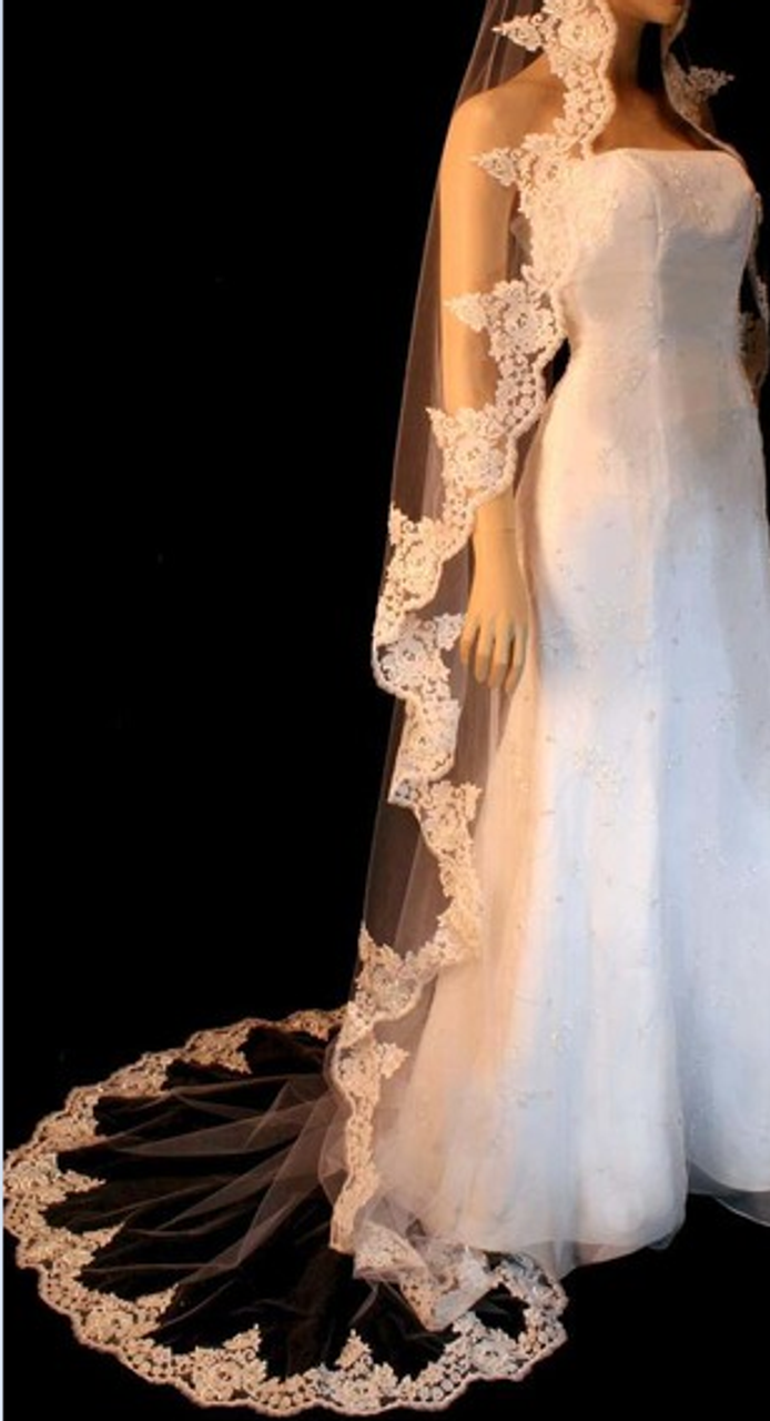 Noelle & Ava Collection -  108 Inches - Popular Alencon Lace Floral Design Accented With Rhinestone Rondelles, Sequins, Silver Bugle Beads And Seed Beads - Cathedral