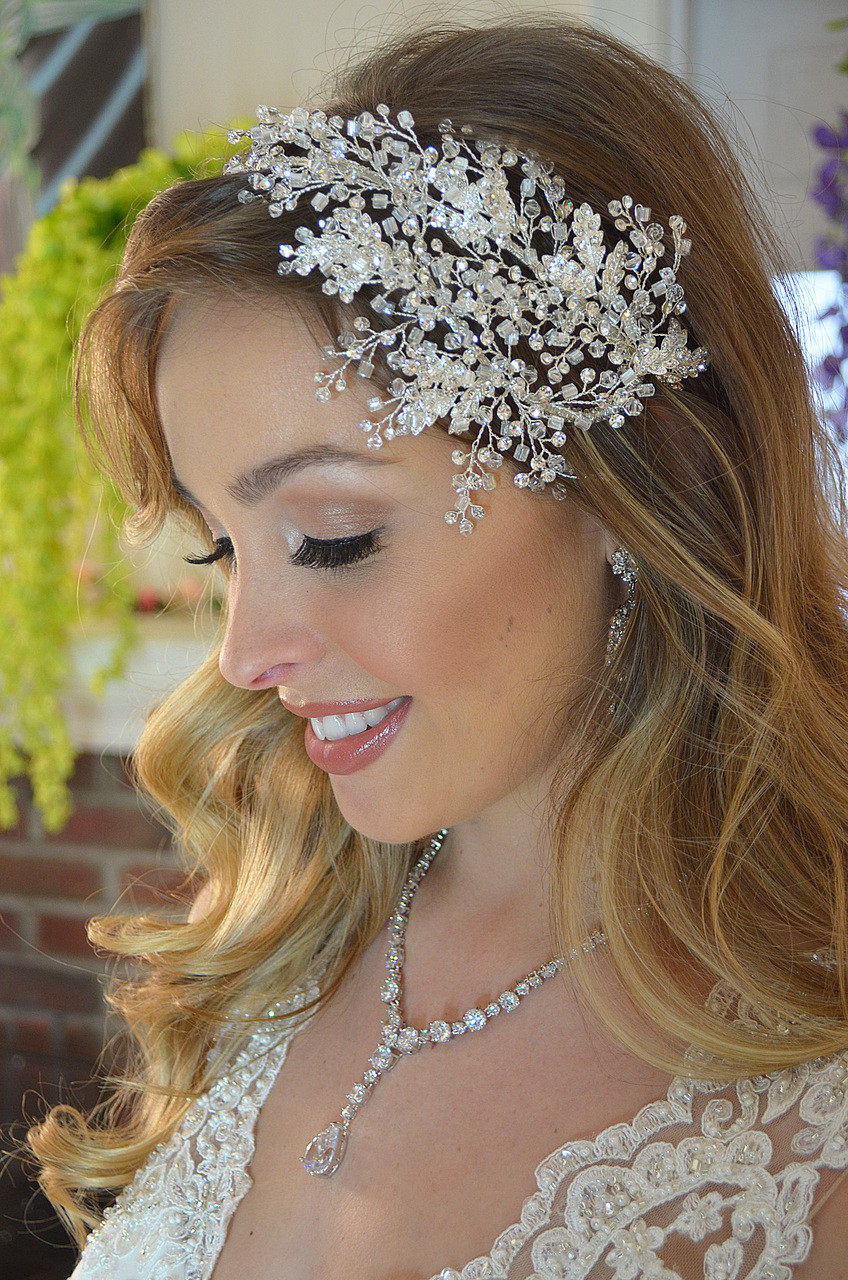 Elena Designs Headpiece E875 - Side Spray Rhinestone And Crystal Headband