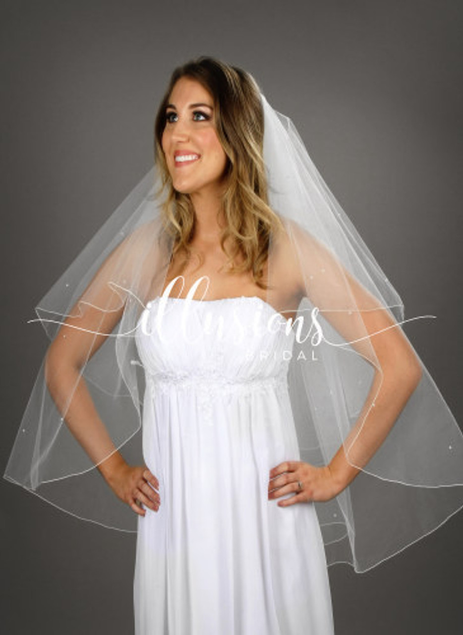 Bel Aire Wedding Veils V7415C - 2-tier foldover veil (elbow + cathedral)  with folded ribbon edge.