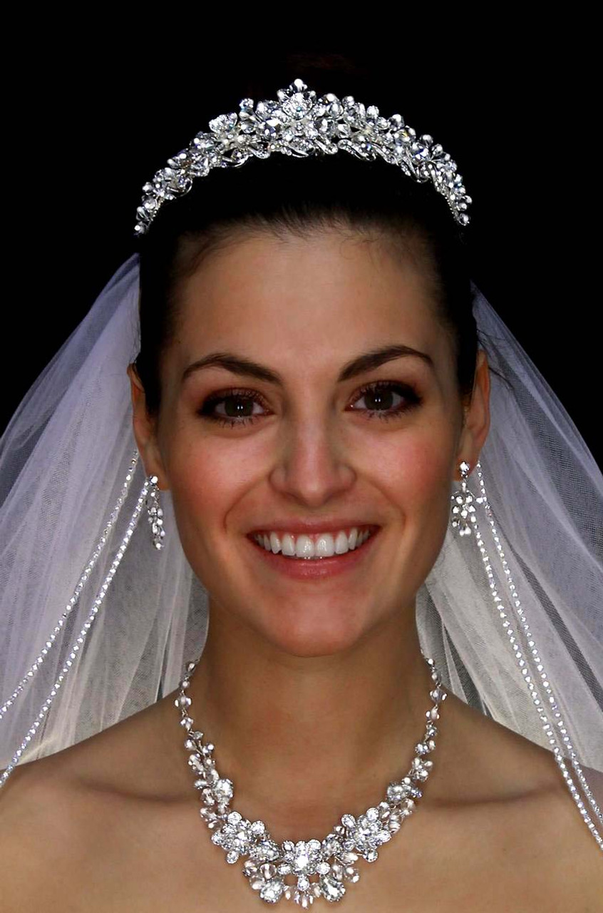 Noelle & Ava - Majestic Dimensional Tiara With Decorated Swirls Base And Layered Rhinestone Flowers, Accented With Large Cubic Zirconia And Floating Crystals