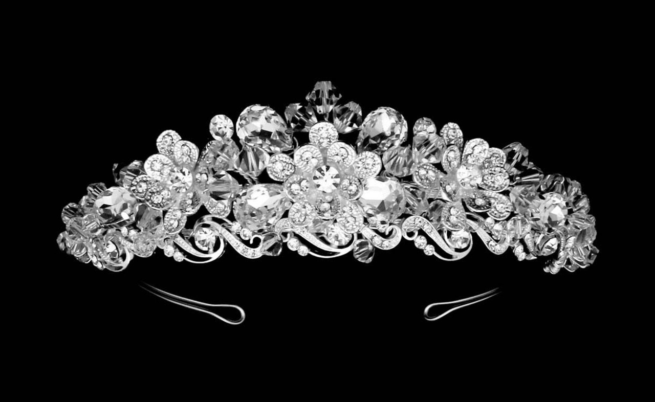 Noelle & Ava - Majestic Dimensional Tiara With Decorated Swirls Base And Layered Rhinestone Flowers, Accented With Large Cubic Zirconia And Floating Crystals