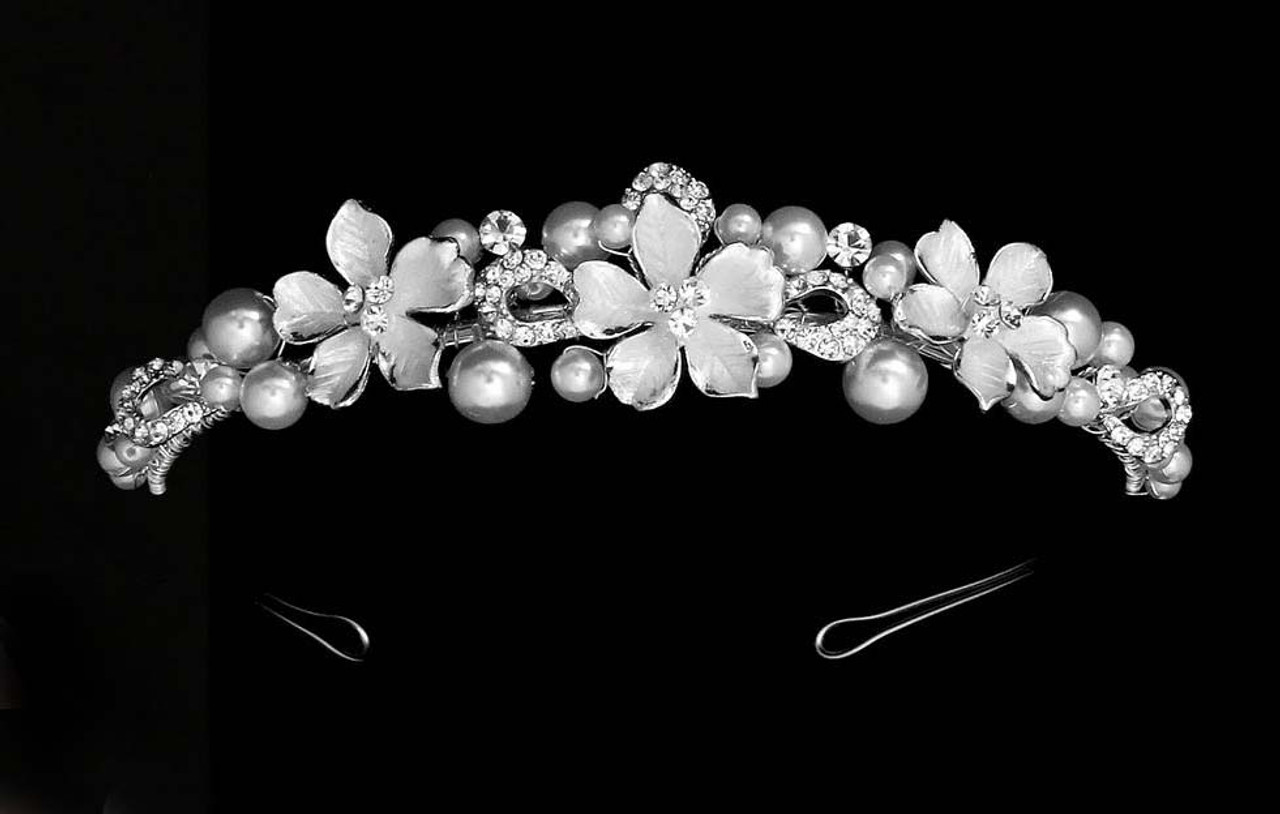 Noelle & Ava - Beguiling Tiara With Enamel Flowers, Rhinestone Encrusted Leave Frames, Plush Pearls, Accented With Floating Rhinestones On Twist Wire