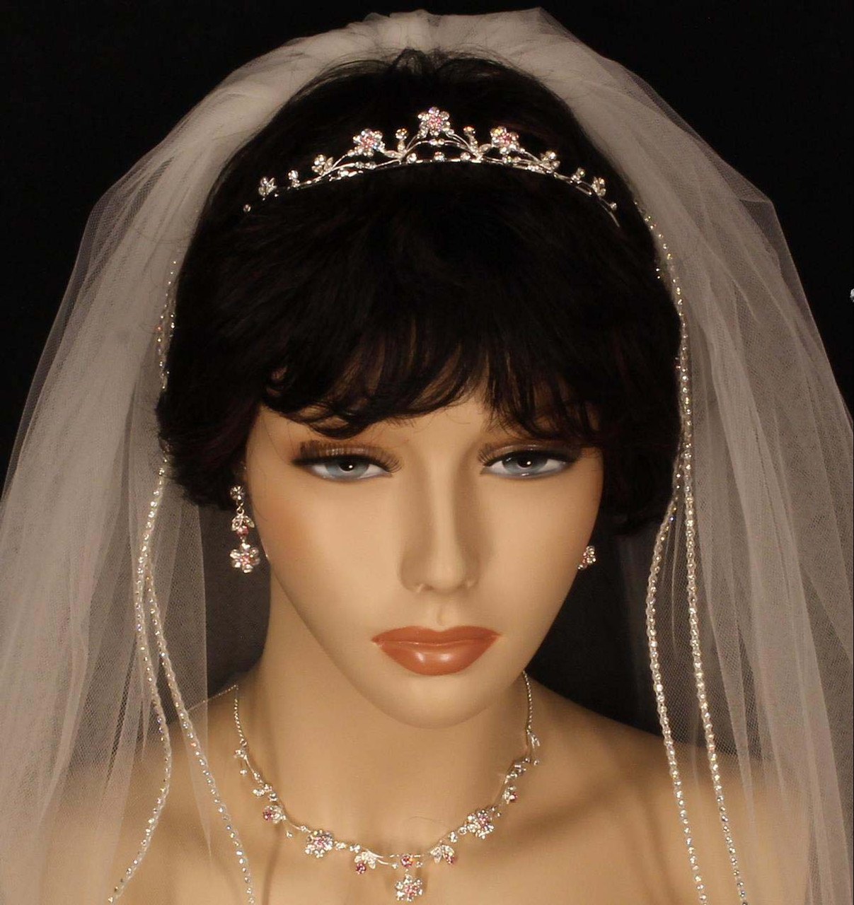 Noelle & Ava - Lovely Rhinestone Tiara With Clear Rhinestone Flowers On Double Arches And Rhinestone Encrusted Leaves –  Clear Or Pink