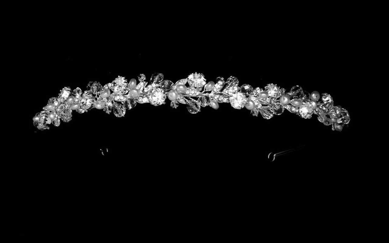 Noelle & Ava - Dazzling Head Band Of Hand-Wired Crystals, Large Rhinestone, RS Incrusted Leaves & Fresh Water Pearls