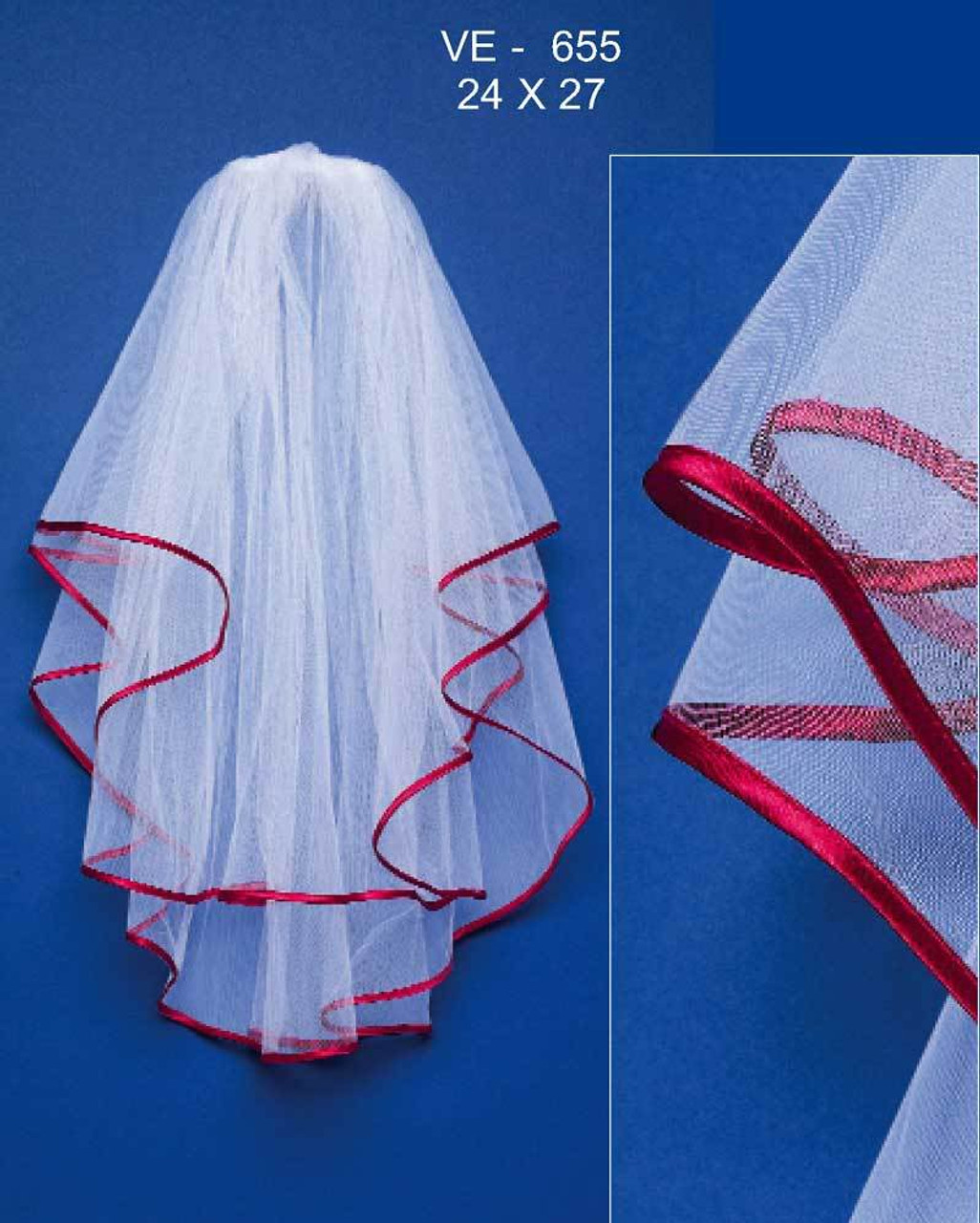 Veil with Red Satin Ribbon Edge Veil Style 655