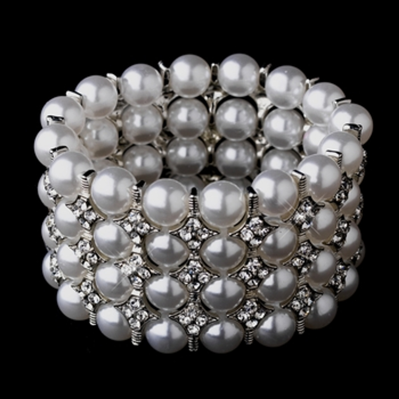 Luminous Silver Clear Rhinestone & White Pearl Stretch Bridal Bracelet 8709
