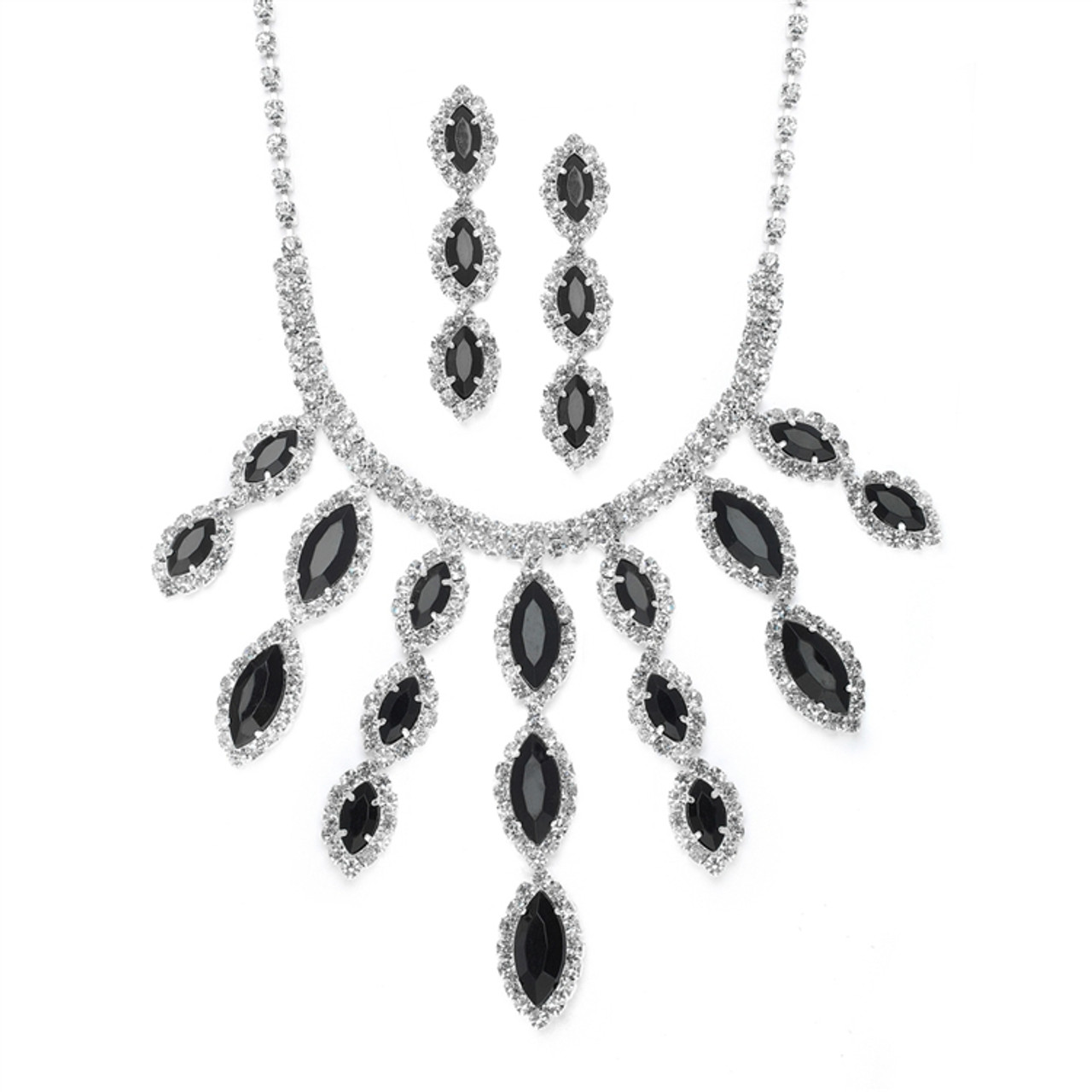 Black Jet Rhinestone Shower Necklace & Earrings Set Style 3674S-JE
