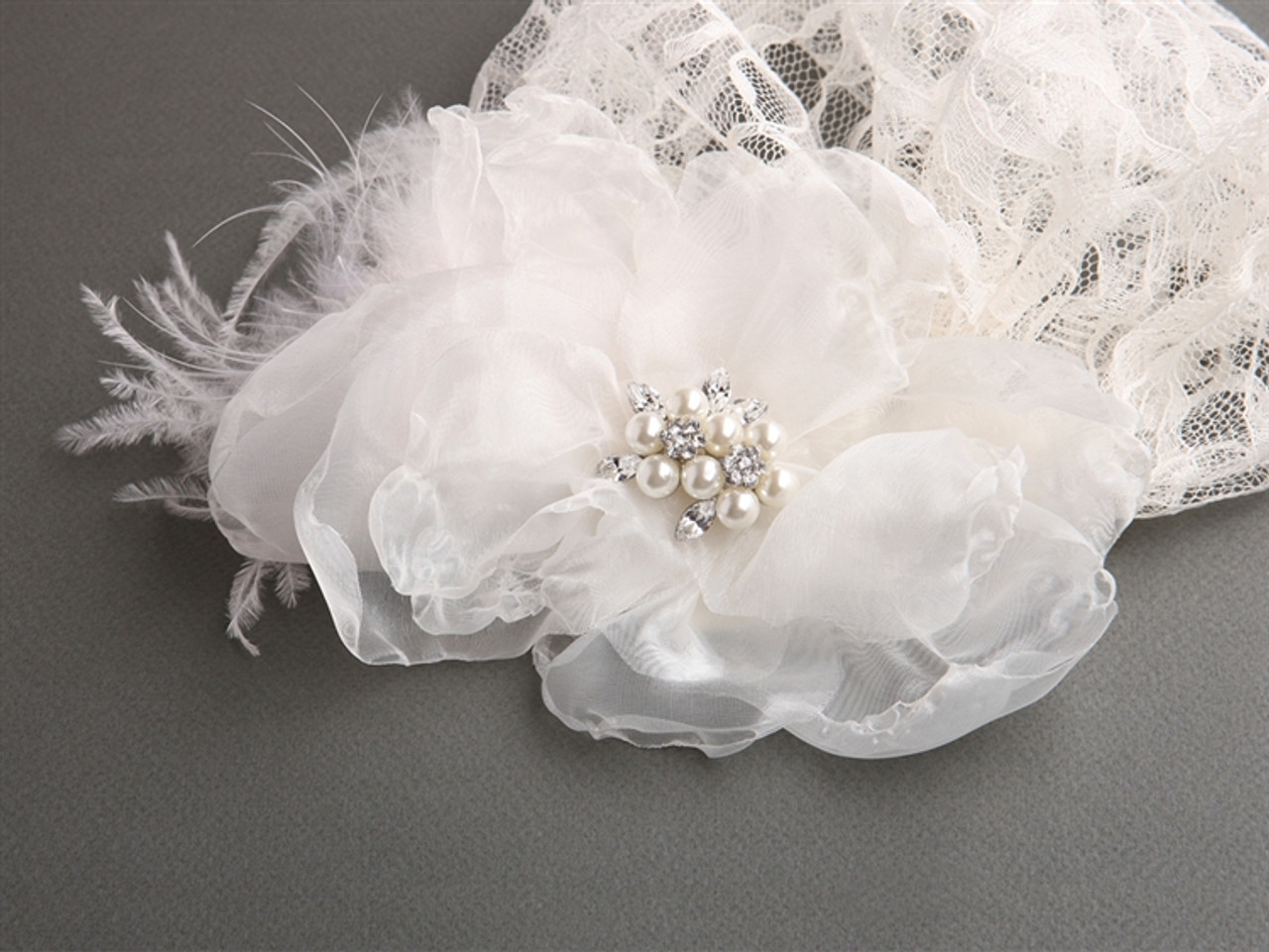 Elegant Juliet Lace Bridal Cap with Organza Flower & Feather Hair Clip