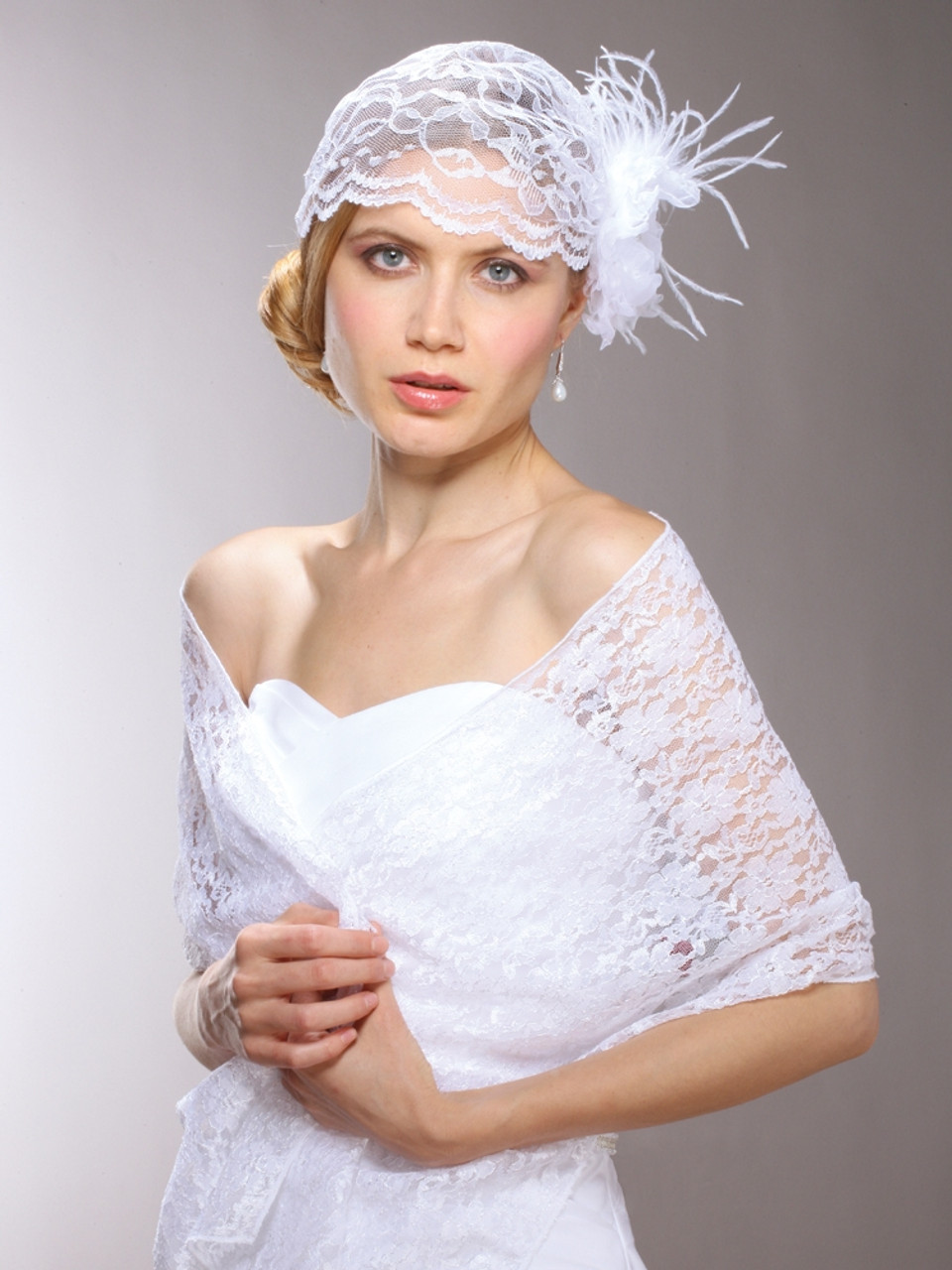 Handmade Juliet Bridal Cap with White Lace ,Organza & Feather Hair Clip