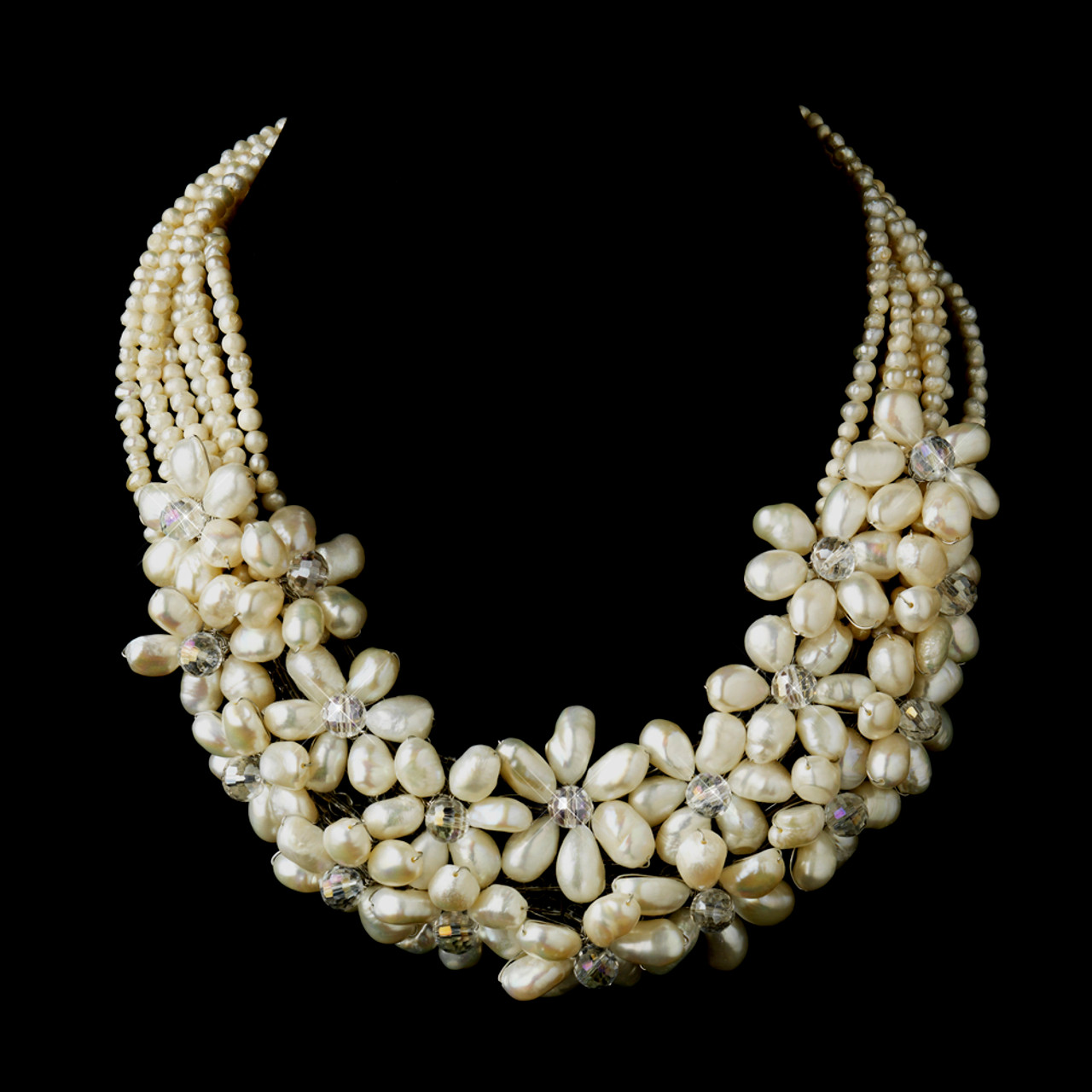 Silver Ivory Freshwater Floral Pearl & Crystal Necklace 8774