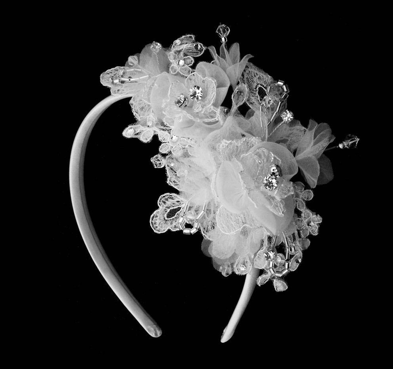 Noelle & Ava - Trendy Organza Flower Side Band With French Lace Leaves, Embellished With Hand Twisted Floating Rhinestones, Crystals And Bugle Bead Loops