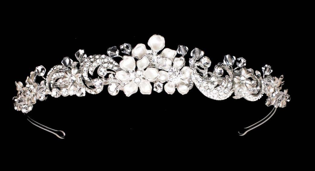 Noelle & Ava - Artistic Floral Design Tiara With Rhinestone Encrusted Swirls & Floating Crystals
