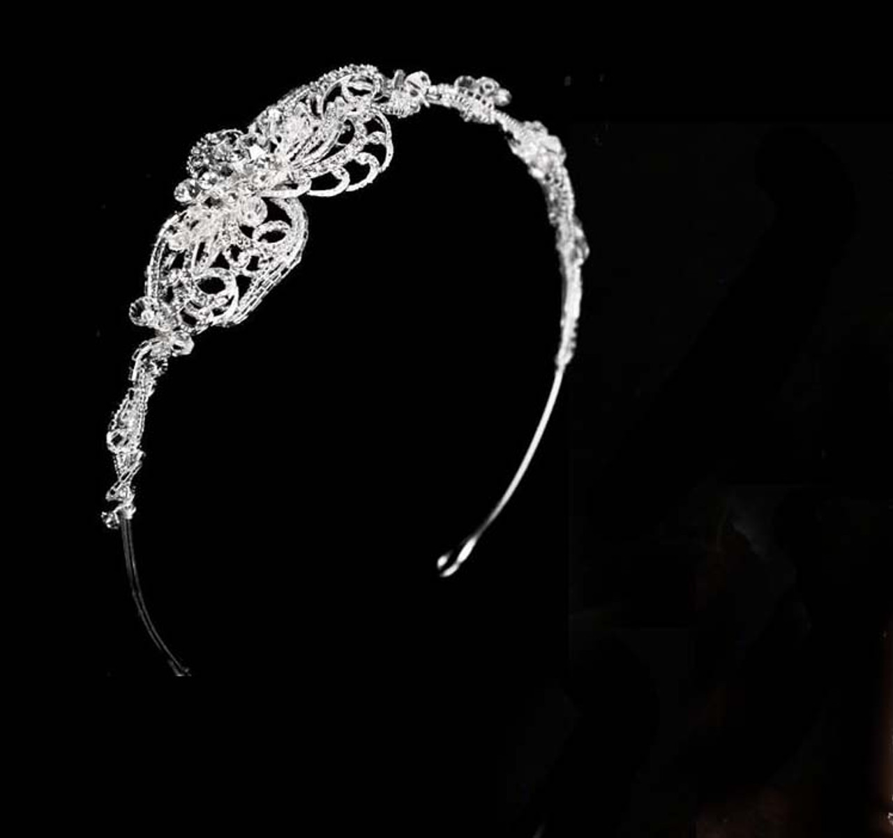 Noelle & Ava - Tasteful Dimensional Side Band Of Sophisticated Crystals, Rhinestones And Bugle Beads Swirls Design